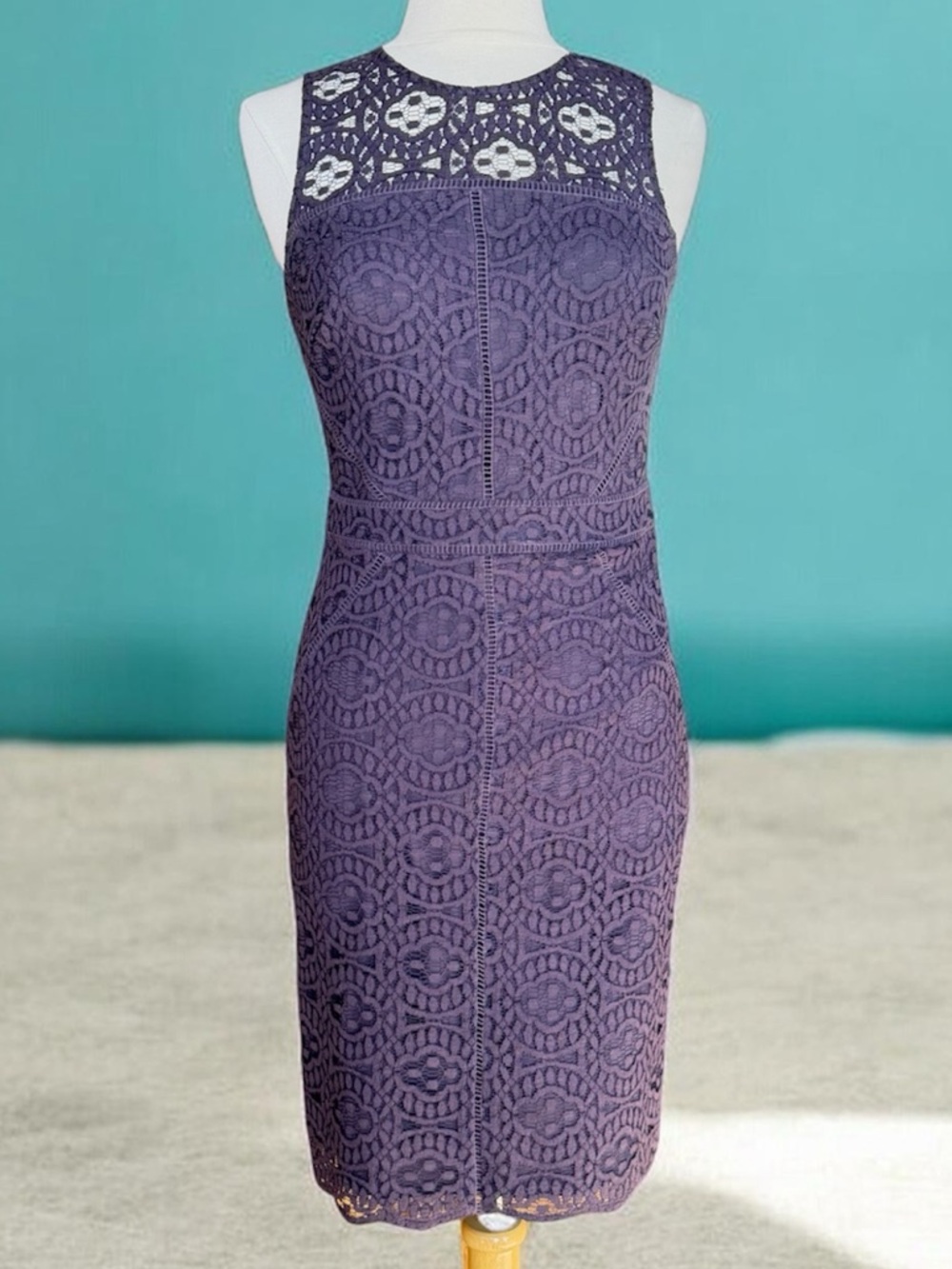 Adelyn Rae Purple Lace Midi Sheath Dress Sleeveless Fitted Cocktail Wedding